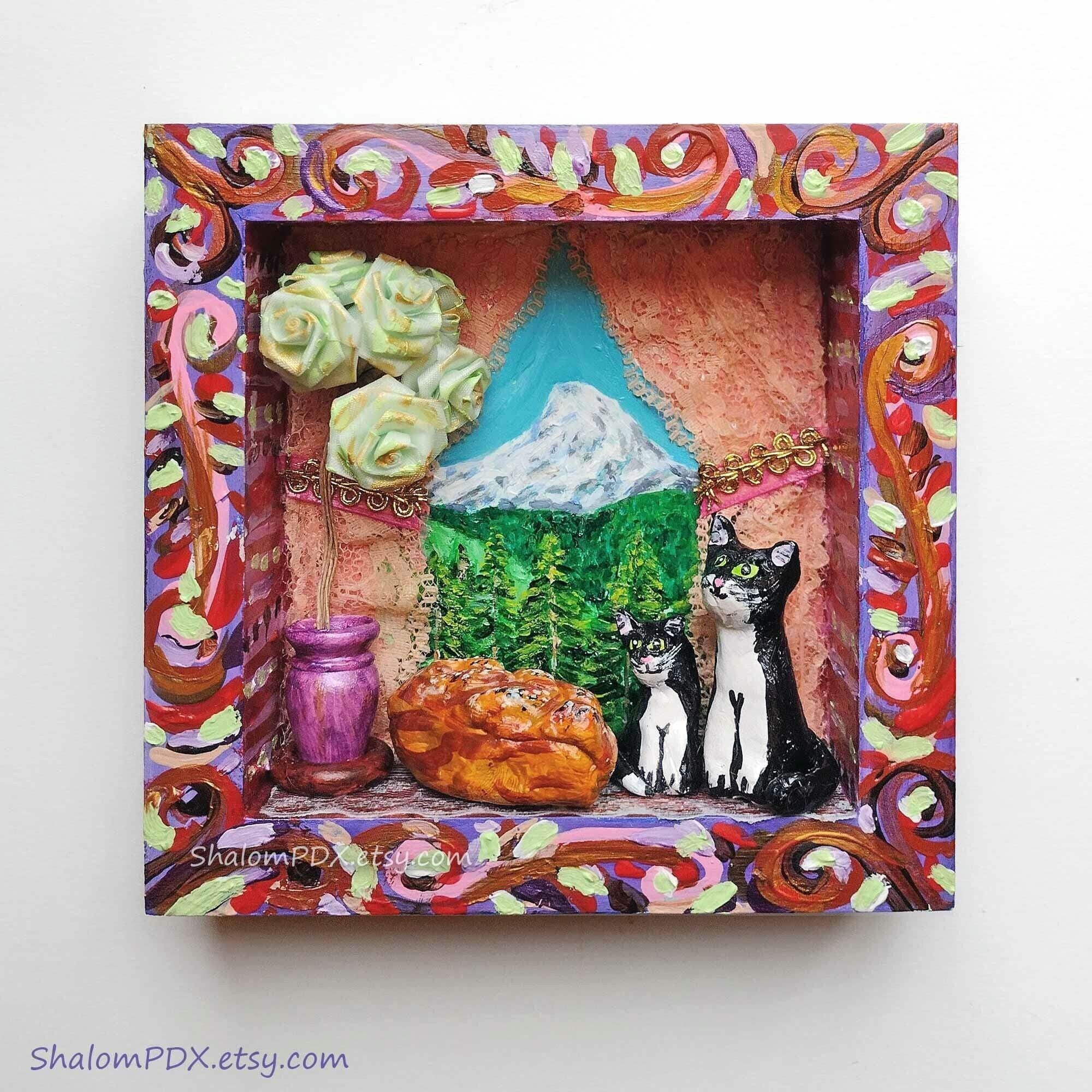 Original Cat Diorama Artwork, Mt Hood View, Shabbat Challah