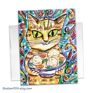 Cartes de correspondance chat orange et nourriture juive, jolies impressions aquarelles, cadeau parfait pour les amoureux des chats, pain challah, soupe aux boules de matzo, cartes de correspondance chat