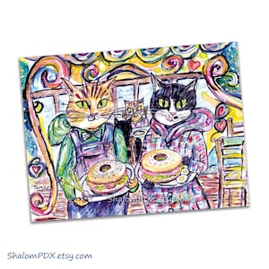 Chats avec bagels, chat orange et chat smoking tenant des sandwichs au lox, carte de correspondance impression aquarelle, cartes de correspondance pour les amoureux des chats, papeterie sur le thème des chats