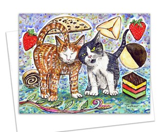 May include: A watercolor illustration of two cats with food items. One cat is orange and white, the other is black and white. The image includes strawberries, cookies, and a challah. The artwork is on a white card.