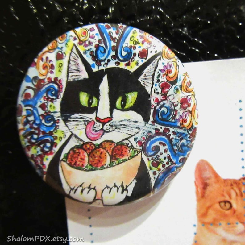 Jewish Cat Fridge Magnet Set, Jewish Food Art, Lox Bagel, Challah, Rugalach, Falafel Pita Bread, Whimsical Judaica, Funny Cat Themed Kitchen image 9