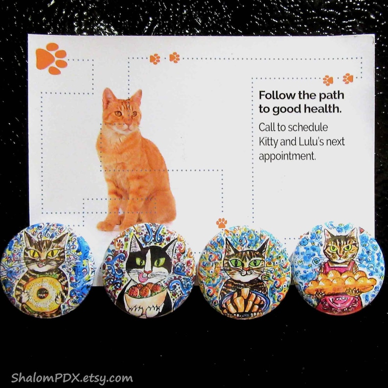 Jewish Cat Fridge Magnet Set, Jewish Food Art, Lox Bagel, Challah, Rugalach, Falafel Pita Bread, Whimsical Judaica, Funny Cat Themed Kitchen image 8