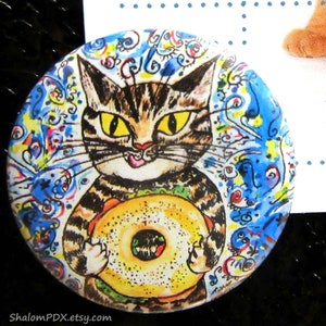 Jewish Cat Fridge Magnet Set, Jewish Food Art, Lox Bagel, Challah, Rugalach, Falafel Pita Bread, Whimsical Judaica, Funny Cat Themed Kitchen image 6