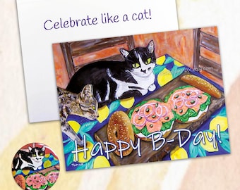 Whimsical Happy Birthday Card | Cat & Bagel Party | Acrylic Painting Print | Gift for Cat Lovers | Happy B-Day Card | Cat Lover Gift