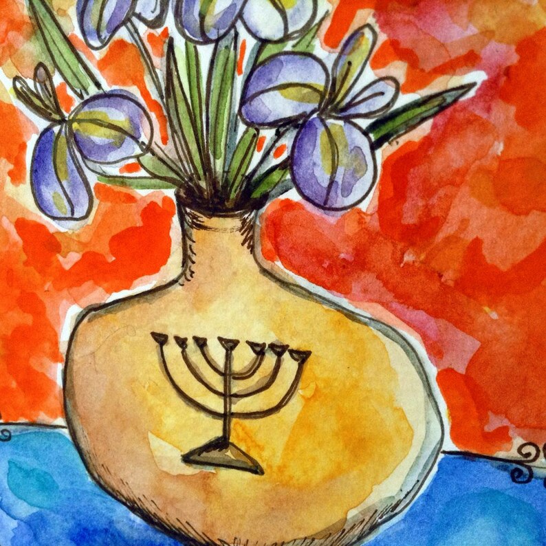 Jewish Art Judaica Gift Hand Painted Card Menorah Irises Etsy
