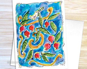 Peace Dove and Pomegranate, Shalom Note Cards, Jewish Folk Art, Judaica Artwork, Watercolor Painting, Art for Peace Gift, Jewish Holidays