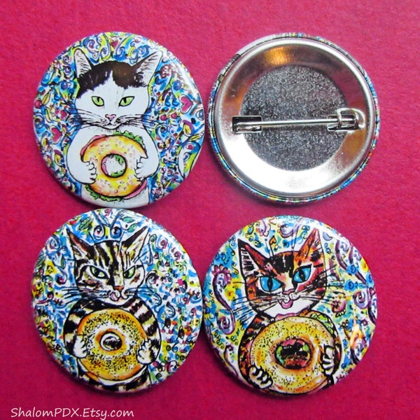 Cat and Bagel 1.5" Pin Back Button Set, Bagel Sandwich Illustration ,Jewish Food, Whimsical Judaica, Cat Themed, Calico Tabby, Poopy Bagel