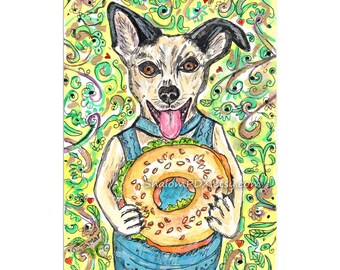Original Watercolor Dog Painting, Lox Bagel Sandwich, Bagel Lover Gift, Jewish Food Art, Dog Mom, Whimsical Judaica Art, Funny Dog Drawing