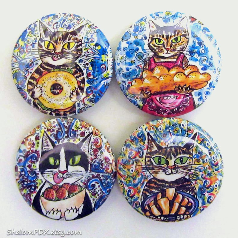 Jewish Cat Fridge Magnet Set, Jewish Food Art, Lox Bagel, Challah, Rugalach, Falafel Pita Bread, Whimsical Judaica, Funny Cat Themed Kitchen image 7