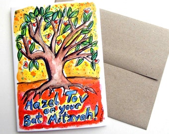 Mazel Tov Bat Mitzvah Cards, Tree of Life Art, Jewish Greeting Card, Judaica Stationery, Watercolor Painting Print, Judaica Artwork, Drawing