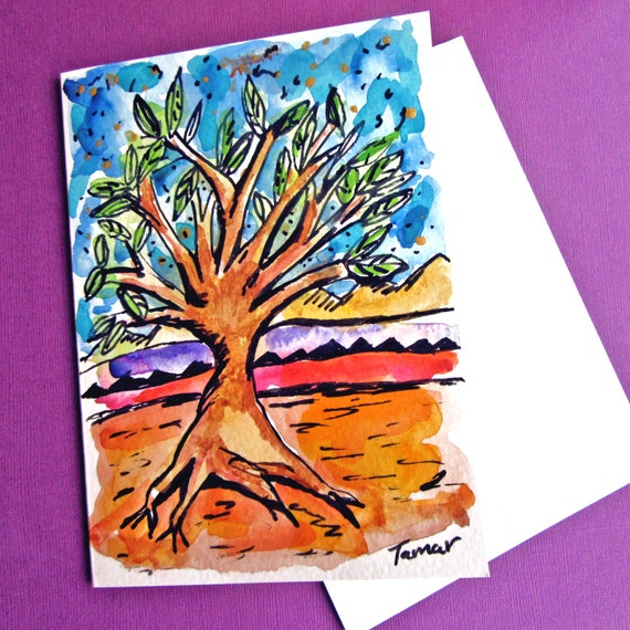 Arbre De Vie Lart à La Main Peint Carte Cadeaux Juif Arbre Art Peinture Originale Cartes Juifs Oeuvre Judaica Spirituel Art Carte à La Main - 