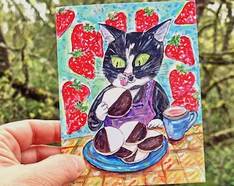 Biglietto d'auguri con disegno di un gatto biscotto in bianco e nero - Acquerello "L'ora del tè di Sara" - Biglietto d'auguri vuoto formato A2 - Regalo con gatto smoking - Arte popolare