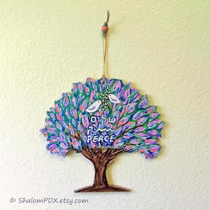 Peace Shalom Salam Sign, Tree of Life Gift, Peace Dove Ornament, English Arabic Hebrew, Original Painting on Wood, Judaica Art for Peace