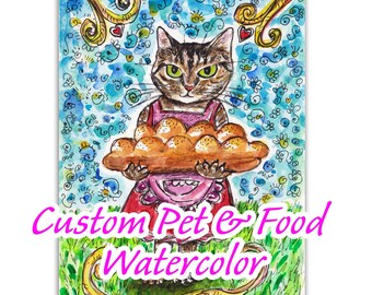 Custom Pet Portrait with Food | Original Watercolor Dog Cat Art | Personalized Pet Lover Gift