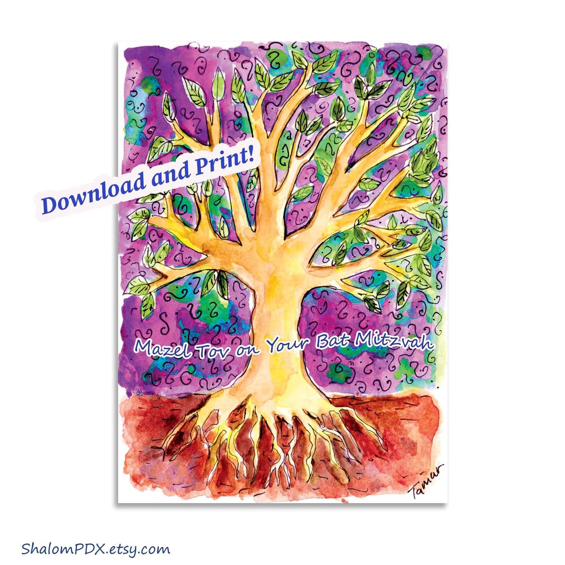 Printable Bat Mitzvah Card Digital Download Tree of Life - Etsy