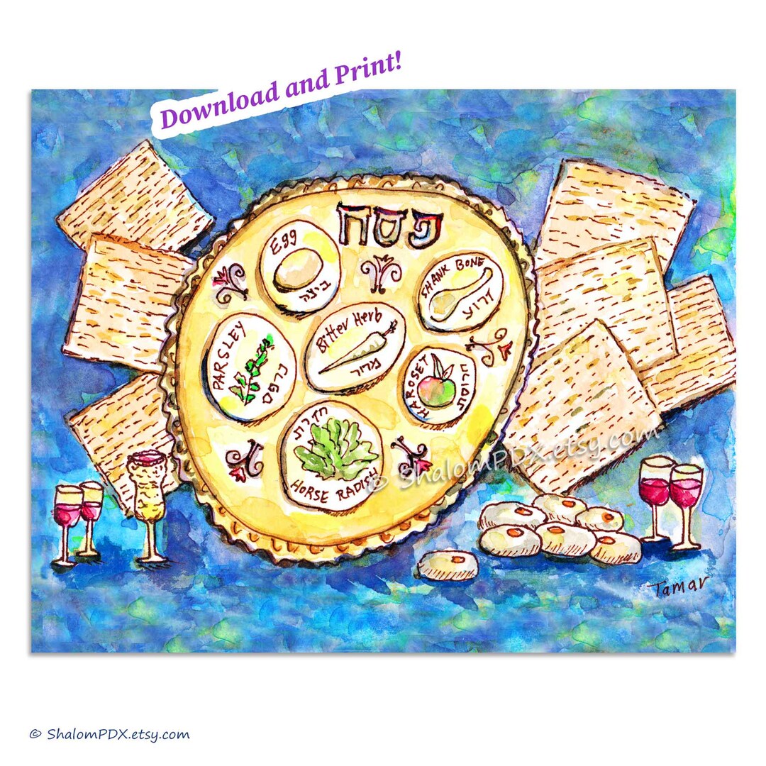 Passover Seder Plate Watercolor Art, Jewish Holiday Decor (digital ...