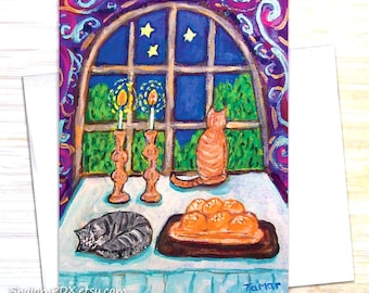 Shabbat Shalom Cat Art Cards, Judaica Note Cards