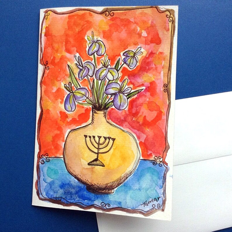 Jewish Art Judaica Gift Hand Painted Card Menorah Irises Etsy