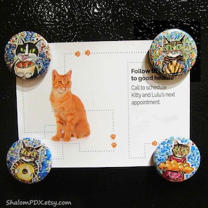 Jewish Cat Fridge Magnet Set, Jewish Food Art, Lox Bagel, Challah, Rugalach, Falafel Pita Bread, Whimsical Judaica, Funny Cat Themed Kitchen image 3