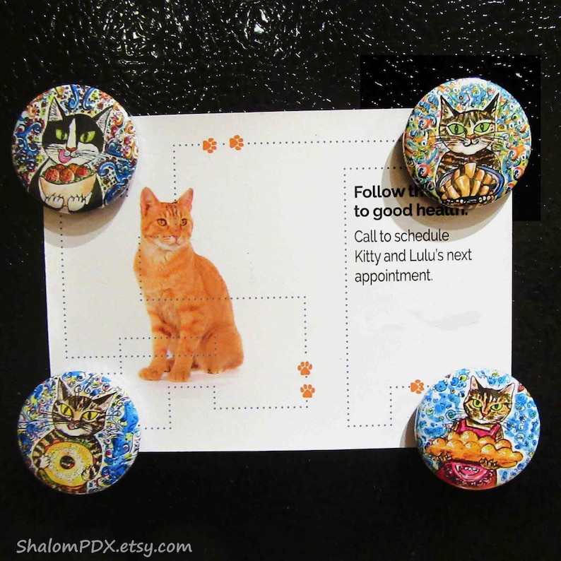 Jewish Cat Fridge Magnet Set, Jewish Food Art, Lox Bagel, Challah, Rugalach, Falafel Pita Bread, Whimsical Judaica, Funny Cat Themed Kitchen image 3