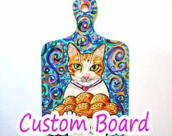 Custom Decorative Bread Board, Funny Cat Dog Art, Jewish Gift, Hand Painted on Wood, Challah, Original Painting, Whimsical Judaica Art