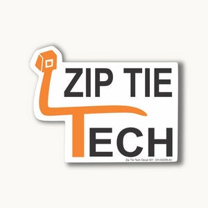Puede incluir: Pegatina naranja y negra con el texto "ZIP TIE TECH" y un diseño de corbata de cremallera naranja estilizado.