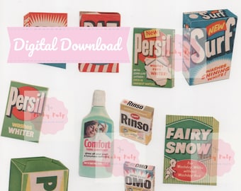 May include: A collection of vintage laundry detergent boxes and bottles, including Persil, Surf, Fairy Snow, Puritan, Daz, Omo, Comfort, and Rinso. The boxes are colorful and feature various illustrations and text.