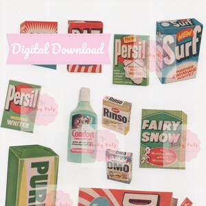 Pode incluir: Uma coleção de caixas e garrafas de detergente para roupa vintage, incluindo Persil, Surf, Fairy Snow, Puritan, Daz, Omo, Comfort e Rinso. As caixas são coloridas e apresentam várias ilustrações e textos.