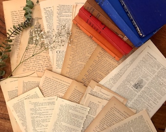 May include: A collection of vintage books in shades of blue, orange, and brown, resting on a wooden surface scattered with aged book pages. The scene is accented with sprigs of greenery and delicate white flowers, creating a rustic aesthetic.