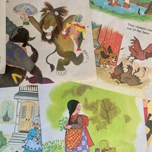 May include: A collection of vintage children's book illustrations. One shows a lion holding flowers and fish, another depicts a fox and a dog near a river, and a third features a girl with a basket. The illustrations are colorful and whimsical.