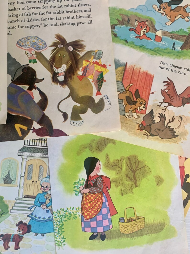 May include: A collection of vintage children's book illustrations. One shows a lion holding flowers and fish, another depicts a fox and a dog near a river, and a third features a girl with a basket. The illustrations are colorful and whimsical.