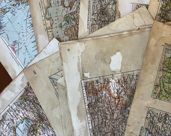 Coffee Dyed Antique German Scrap World Maps | 14pc | for junk journal, vintage papercraft ephemera, collage and decoupage