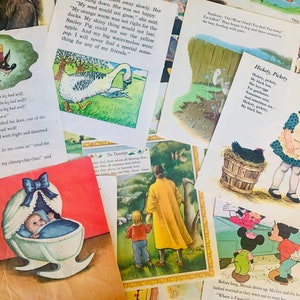 May include: A collection of vintage children's book illustrations. The images feature colorful drawings of fairy tales, nursery rhymes, and cartoon characters. The illustrations include scenes with animals, people, and text from the stories.