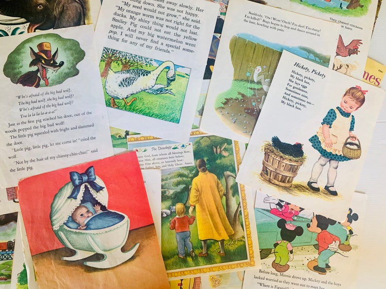 May include: A collection of vintage children's book illustrations. The images feature colorful drawings of fairy tales, nursery rhymes, and cartoon characters. The illustrations include scenes with animals, people, and text from the stories.