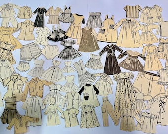 May include: A collection of vintage-style paper cutouts of dresses, shirts, and other clothing items. The designs are in black and white, with a sepia-toned background. The garments include dresses, blouses, and pants, with various patterns and styles.
