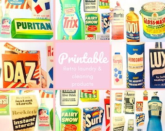 May include: A collage of vintage laundry and cleaning product labels. The labels feature bright colors and bold text, including "DAZ", "PURITAN", "Fairy Snow", "Surf", "Lux", "Aerogard", "Comfort", "Reckitt's Instant Starch", and "Windex".