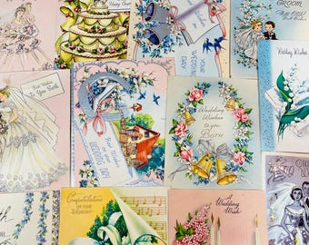 May include: A collection of vintage wedding cards with various designs and illustrations. The cards feature floral motifs, bells, doves, and other traditional wedding symbols. Some cards have text that reads "Wedding Wishes", "Best Wishes", and "On Your Wedding Day".