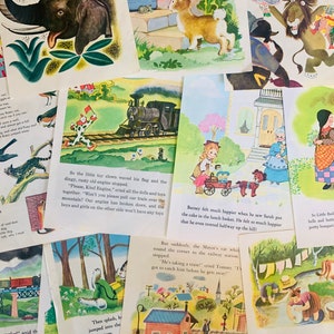 May include: A collection of vintage children's book illustrations. The images feature colorful drawings of animals, trains, and scenes from stories. The illustrations are from a variety of children's books.