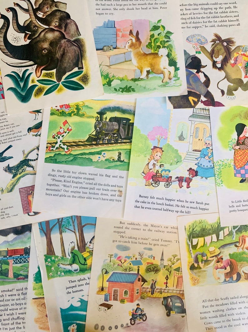 May include: A collection of vintage children's book illustrations. The images feature colorful drawings of animals, trains, and scenes from stories. The illustrations are from a variety of children's books.