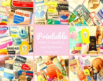 May include: A collage of vintage advertisements for retro cosmetics and bathroom products. The image features a variety of products, including Band-Aid, Dawn dish soap, Tampax tampons, Vaseline shampoo, and Breck shampoo. The text "Printable Retro Cosmetics and Bathroom Products" is written in a pink box in the center of the image.
