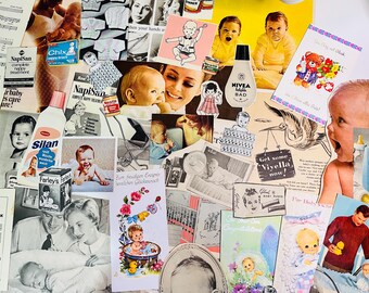 May include: A collage of vintage baby-themed ephemera, including advertisements, baby photos, and greeting cards. The images feature babies, baby products, and family portraits, with a nostalgic aesthetic.