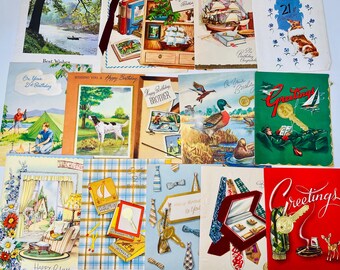 May include: Assortment of vintage greeting cards with various designs and themes. The cards feature illustrations of a sailboat, a duck, a camping scene, a tie, and a key. The cards are in various colors, including red, blue, green, and yellow.