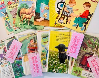 May include: A collection of vintage Little Golden Books and pages, featuring colorful illustrations of animals, children, and scenes. Some books are stacked, others are bundled with pink tags that read "Little Golden Book Pages".