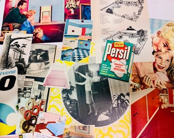 May include: A collage of vintage advertisements featuring various products and scenes. The collage includes images of a woman using a cleaning product, a family watching television, a kitchen with a new appliance, and a house with a new roof. The text "New Persil washes even WHITER!" is prominently displayed on a blue and white box.
