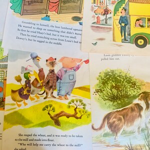 May include: A collection of vintage children's book illustrations. The images feature colorful drawings of animals, including a bear, duck, cat, and pig, along with scenes of a train, a bus, and a dog rescuing a child. Text is visible in some of the illustrations.