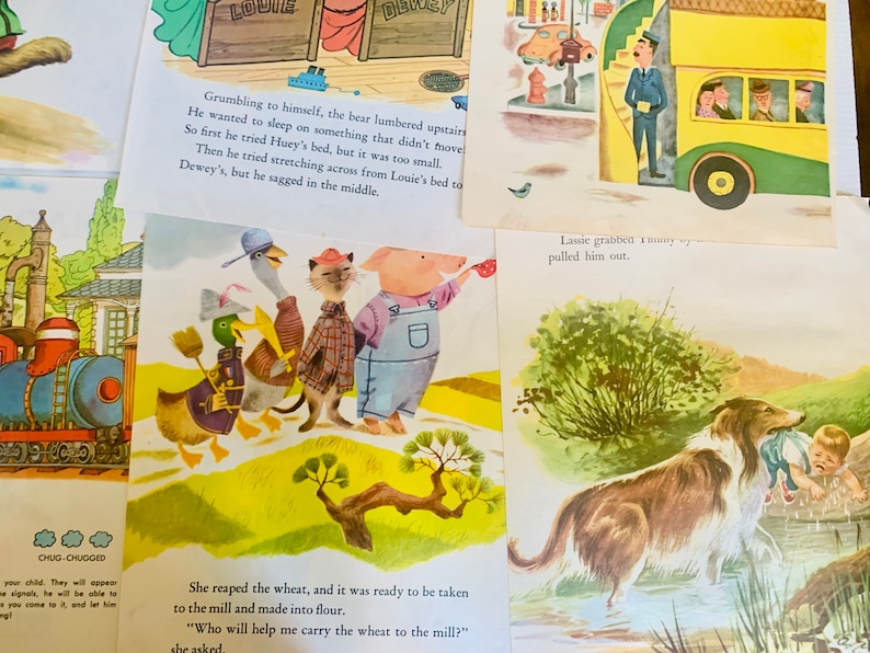 May include: A collection of vintage children's book illustrations. The images feature colorful drawings of animals, including a bear, duck, cat, and pig, along with scenes of a train, a bus, and a dog rescuing a child. Text is visible in some of the illustrations.