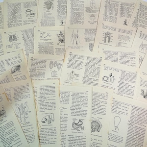 May include: A collection of vintage dictionary pages with medical illustrations and text. The pages are yellowed with age, and the illustrations are in black and white. The pages are scattered across a surface, creating a layered effect.
