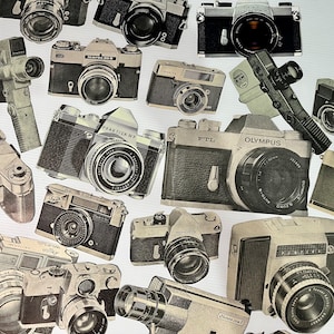Può includere: Una collezione di macchine fotografiche vintage in nero e argento con vari obiettivi e marchi, tra cui Praktica, Olympus, Pentax e Rollei.