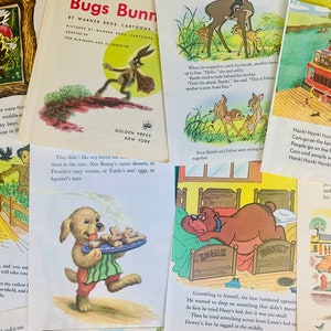 May include: A collection of vintage children's books featuring colorful illustrations. The books showcase classic characters like Bugs Bunny, Bambi, and characters from The Wizard of Oz. The pages display text and vibrant artwork, evoking a sense of nostalgia.