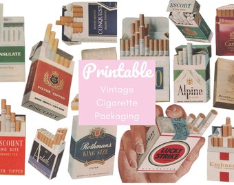 May include: A collection of vintage cigarette packaging designs. The packs feature various brands, including Escort, Alpine, Lucky Strike, and Rothmans. The packaging is colorful and features illustrations of cigarettes, logos, and text.